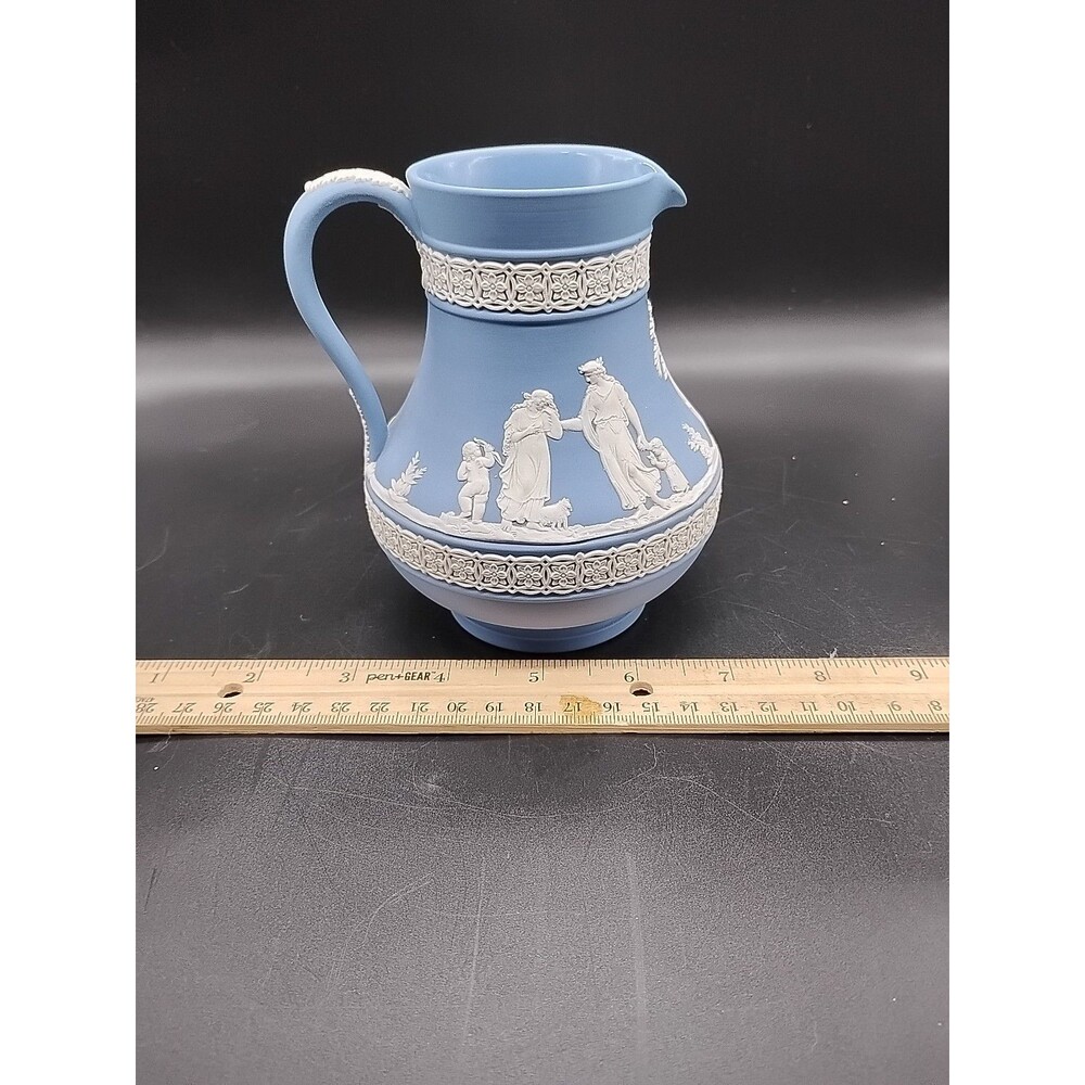 Wedgwood Jasperware Etruscan 5” Pitcher Cream On Dipped Blue  Perfect Condition